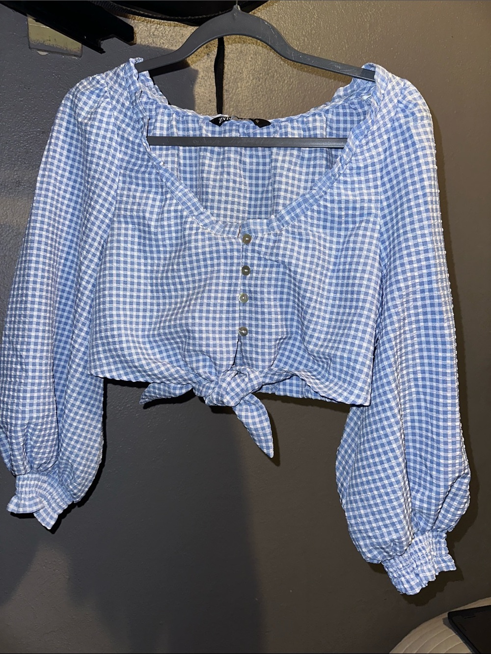Zara Light Blue Gingham Tie-Front Peasant Blouse